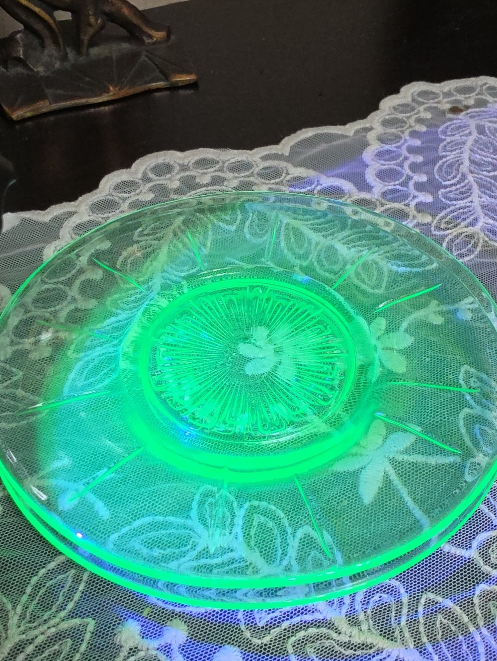 Vintage 2 Vaseline Depression Uranium Green Glass Serving Plate -